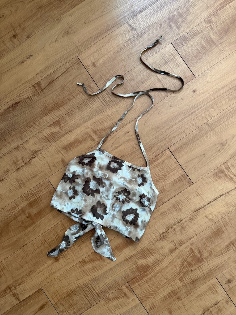 Flowy Floral Tie-Front Halter Crop Top in Brown and Cream